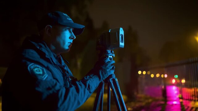 Medium shot of a technician adjusting a thermal infrared camera on a tripod for enhanced perimeter night surveillance emphasizing sensor details and tech setup.