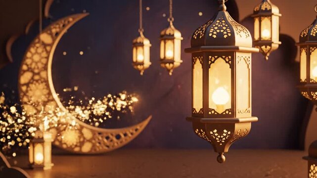 Golden Crescent Moon and Ramadan Lanterns with Sparkles
