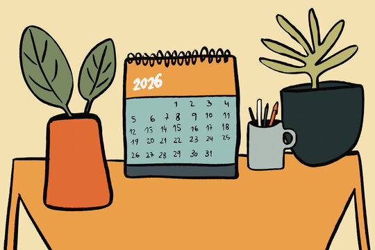 Modern illustration of calendar and plants for new beginnings