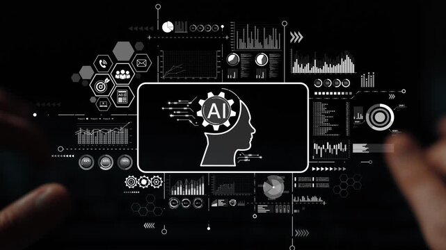 Hands Interacting with AI Technology Interface and Data Visualization in Dark Environment. Asymptotic smart data analytic.