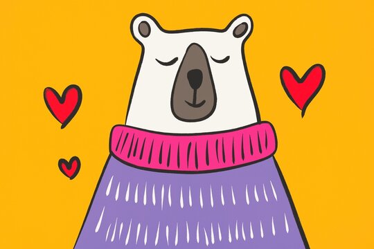 Playful bear illustration with hearts and sweater