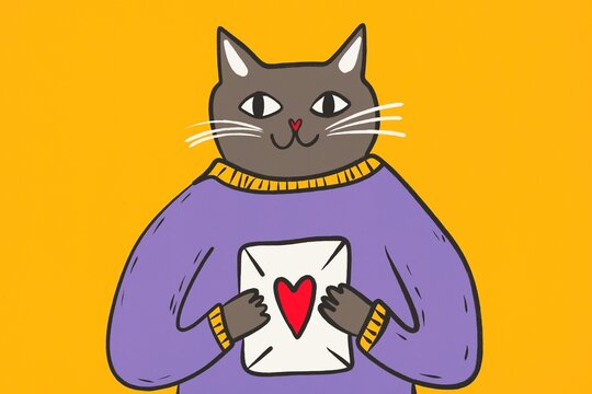 Cat with love letter illustration on orange background