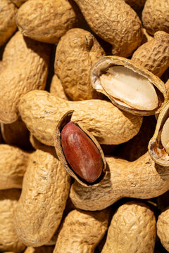 Close up of peanuts in shell with whole nuts visible