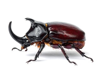 Shiny, brown beetle with large horn. Isolated on white. Side angle view