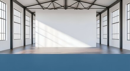 Obraz premium Industrial Interior With Blank White Canvas And Large Windows Light And Shadow Wooden Floor Blue Surface