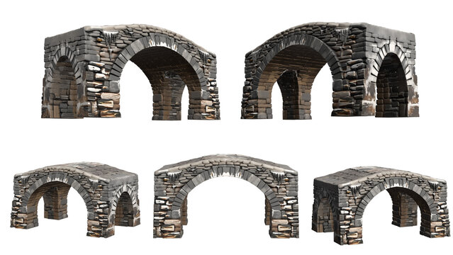 3D model reference sheet of old stone bridge in snowy winter with multiple angles and views