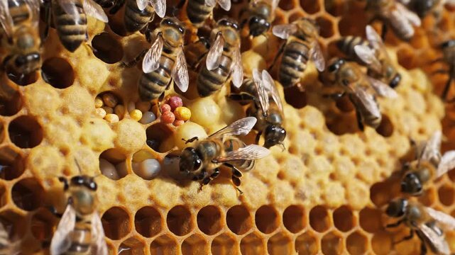 Close-up of honeybees tending to larvae and pollen in a honeycomb