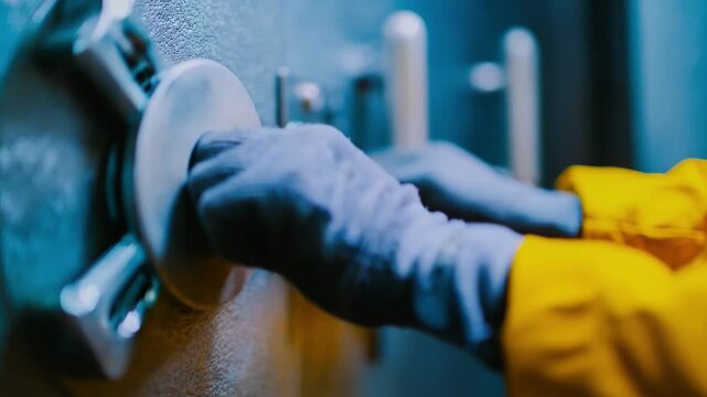 Maintenance worker inspecting and lubricating the hinges and bolts of a highsecurity cell door to enhance durability and operational reliability.
