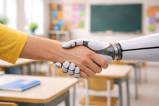AI Robot Handshake with Primary School Teacher in Classroom