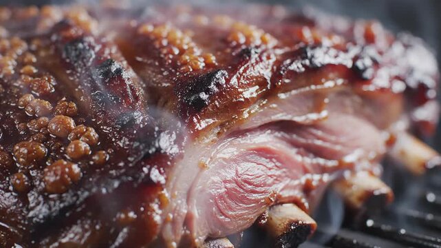 Close-up of Juicy Pork Ribs Sizzling on a Grill with Smoke Rising