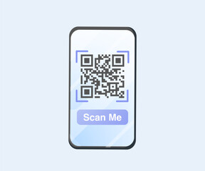Scanning qr code with smartphone vector illustration 3D render cartoon. Client scanning qr code with smartphone. Qr Code