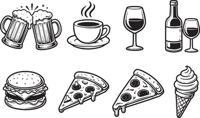 Hand drawn food and drink icon set: Beer, coffee, wine, burger, pizza, and ice cream doodles