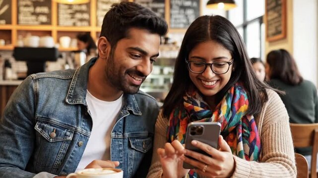 Couple shares a moment in a coffee shop while looking at a phone during a sunny afternoon