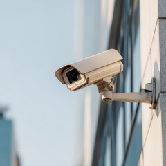 Outdoor security camera on building wall captures surroundings