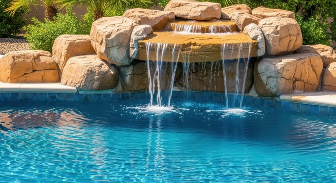 Elegant artificial rock formation and fountain feature in a resort-style backyard swimming pool. Cascading water creates visual and auditory relaxation, movement, feature, naturalistic