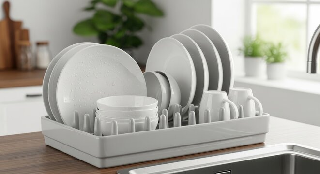 Dish Drying Rack with Clean Dishes.