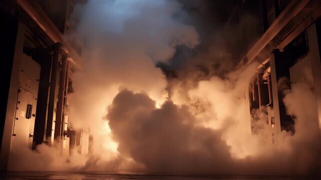 Medium shot capturing the release of CO2 from a local suppression system inside an electrical substation to extinguish an active fire safely.