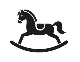 Silhouette of a black rocking horse toy with a small seat and curved rockers