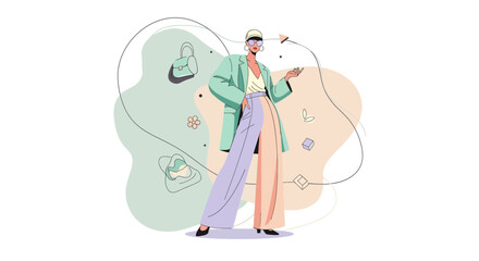 Obraz premium Stylish woman in pastel outfit with modern abstract design elements.