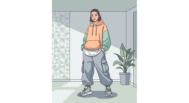 Stylish Woman in Oversized Hoodie and Cargo Pants Illustration.
