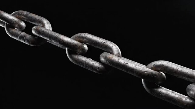 Visual of a metal chain link showing texture and detail against a black background