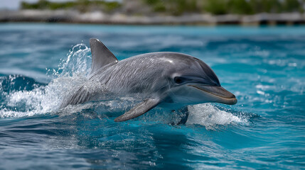 Fototapeta premium Dolphin gracefully surfacing through clear ocean waters, defocused marine life beauty embodying, enchanting moments nature offers, purest form display, with copy space