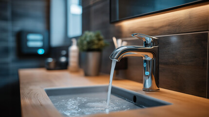 Unconventional contactless bathroom faucet on washbasin, modern hygiene technology, touchless water fixture, sanitary innovation, commercial restroom equipment, automated plumbing