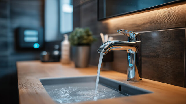 Unconventional contactless bathroom faucet on washbasin, modern hygiene technology, touchless water fixture, sanitary innovation, commercial restroom equipment, automated plumbing