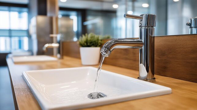 Unconventional contactless bathroom faucet on washbasin, modern hygiene technology, touchless water fixture, sanitary innovation, commercial restroom equipment, automated plumbing