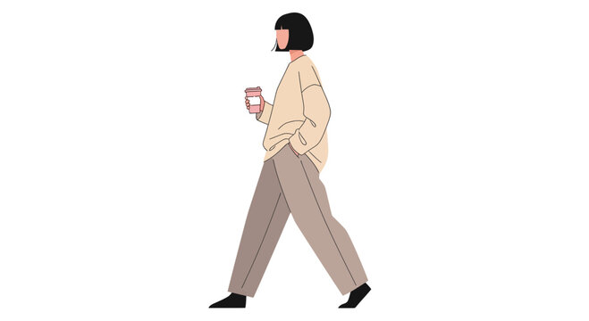 Woman Walking with Drink Casual Style and Modern Lifestyle.