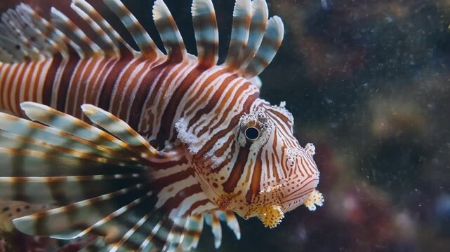 Lionfish close up on coral reef underwater macro footage