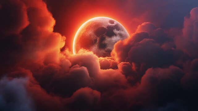 Cinematic lunar eclipse with glowing orange clouds and moody celestial atmosphere