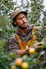 Farm Worker Marking Apple Tree Branches in Orchard