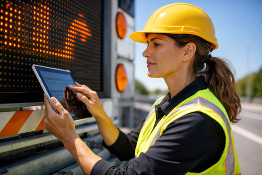Female construction worker using tablet near highway equipment