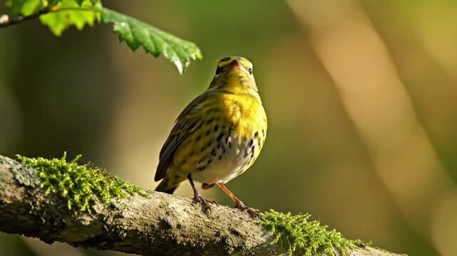 Small bird stands on branch in forest with green leaves and natural light shining through trees