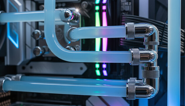 Custom gaming PC hardline liquid cooling system with pastel blue coolant
