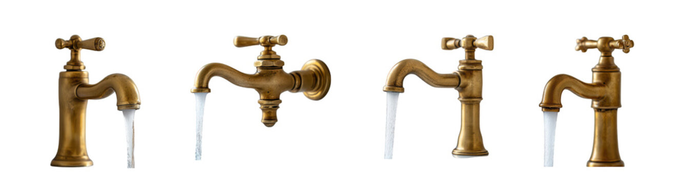 Collection of four vintage brass water taps, each with a stream of water isolated on transparent background