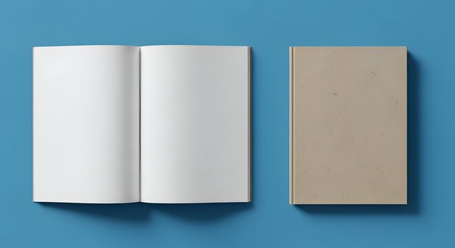 Open Book And Closed Book On A Blue Surface With White Pages And Textured Cover