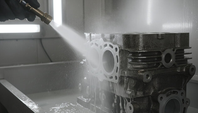 Vapor honing wet blasting process cleaning aluminum engine part