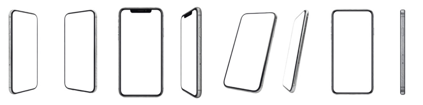 Set and collection of modern smartphone mockups with blank white screens and various perspective angles isolated on white transparent PNG background