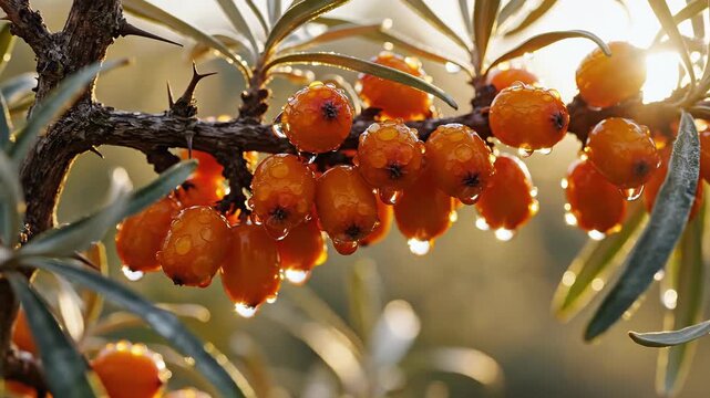 Close-up of ripe sea buckthorn berries glistening with water droplets in golden sunlight