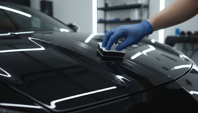 Applying ceramic coating liquid glass on black luxury car hood detail