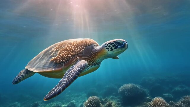 Green Sea Turtle Gliding Through Sunlit Tropical Coral Reef Underwater