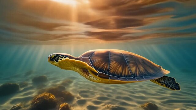 Green sea turtle swimming underwater with sunrays over sandy seabed