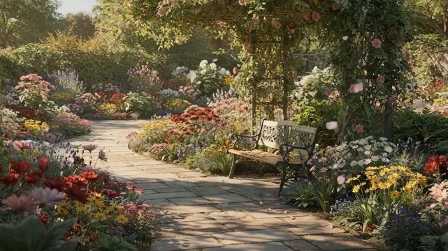 Paved path winding through dense colorful flowerbeds a single bench under a trellis bathed in dappled shade in clear focus.