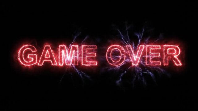 Neon Red Glowing Game Over Text Sign with Electric Lightning Energy Burst Animation Loop for Gaming and Cinematic Backgrounds