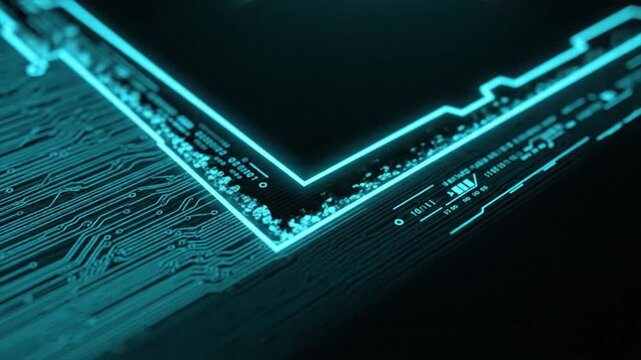 Abstract Motion Graphic Background: Neon Cyan Circuit Board Structure with Digital Data Flow and High-Tech Computing Visualization