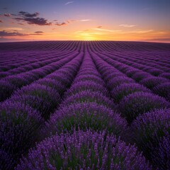 Fototapeta premium Breathtaking view of vast blooming purple lavender flowers covering rolling hills during the beautiful golden hour of a vivid summer sunset. Scenic landscape, vast, idyllic, agriculture
