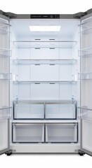 Modern stainless steel double-door refrigerator with spacious shelves and transparent drawers