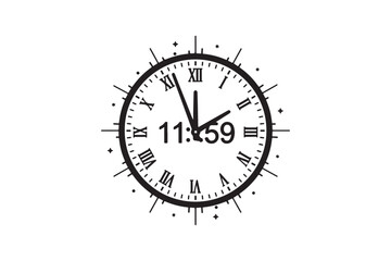 Vintage Clock Illustration Showing 11:59 Before Midnight